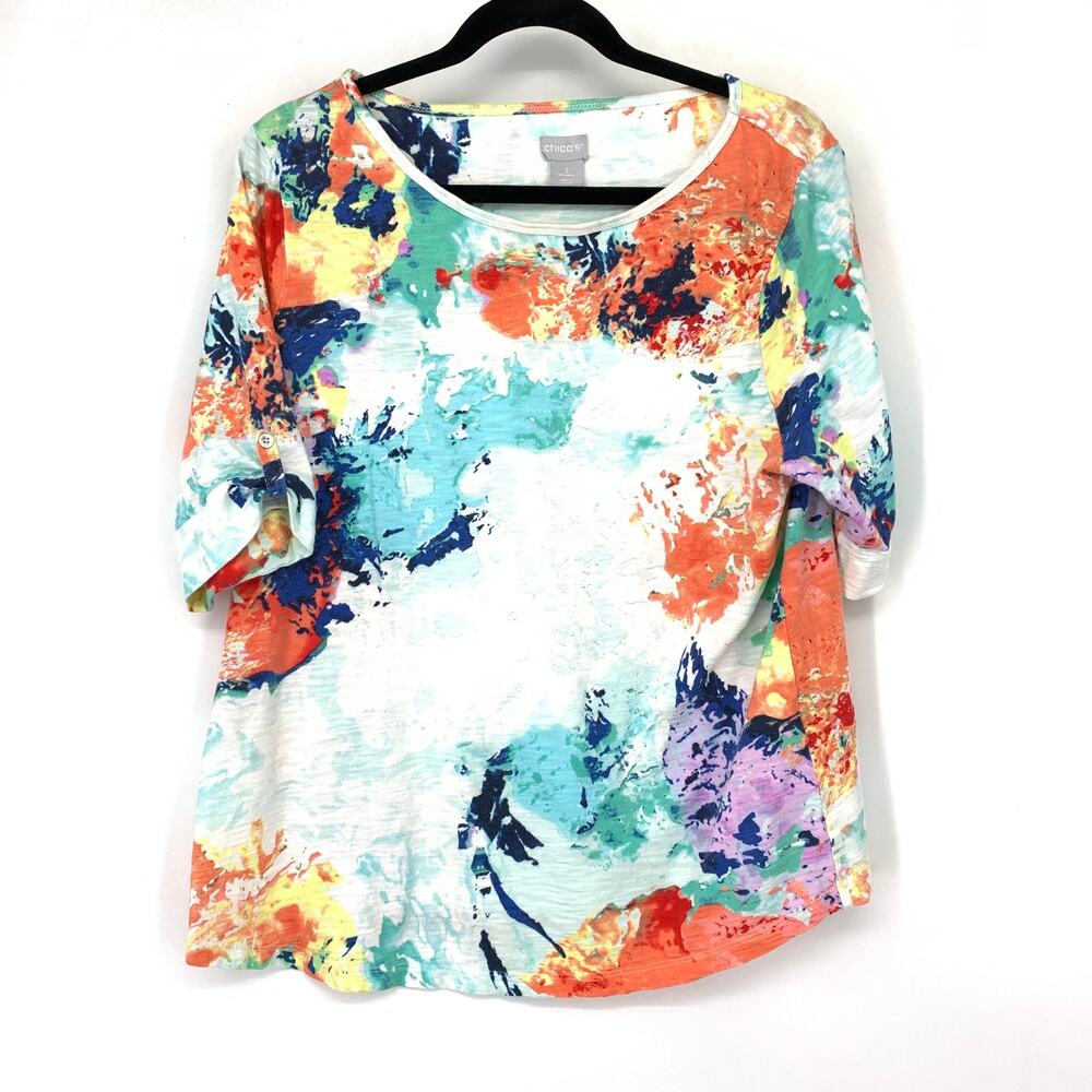 Chico's Top Womens 2 L Multicolor Brushstroke Print Slub Knit Roll Tab Sleeves
